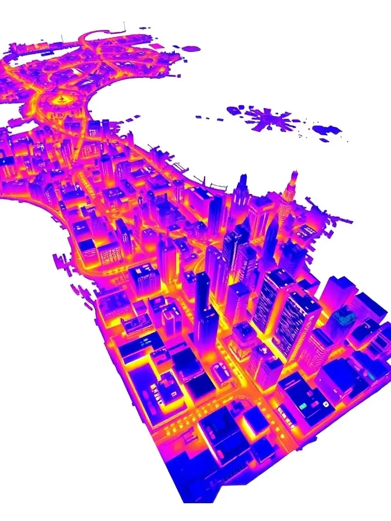 A high-resolution thermal image of a city landscape, with hotspots indicating areas of high consumer activity. This image represents Helioforge's thermal tracking capabilities.